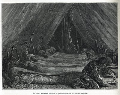Het interieur van de tent op de ijsschots, tekening door Riou, ter illustratie van het verhaal van een reis naar de poolzee in 1875-1876, door kapitein G.S. Nares (1831-1915). Gravure in 