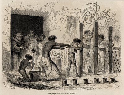 De voorbereiding van vuurwerk in Sarayacu (Peru), tekening door Riou, ter illustratie van Paul Marcoy