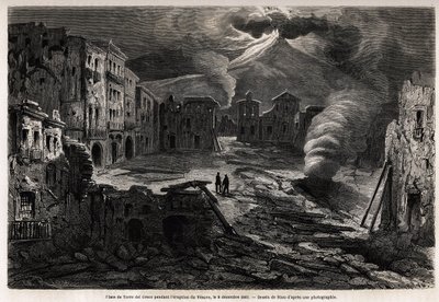 Het plein van Torre del Greco, tijdens de uitbarsting van de Vesuvius, 8 december 1861, tekening door Riou, ter illustratie van de wandelingen rond Napels door Marc Monnier, in 1862. Gravure in 