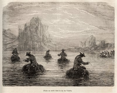 De suchi-visserij (kleine bruine vis van de soort meerval) op het meer van Villafro, nabij het dorp Cailloma, de Indianen lokken vissen met vlees, gravure door E.Riou ter illustratie van de reis in de bergen door Edouard Riou