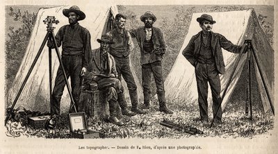 Het team van topografen met hun materiaal, van de Amerikaanse geologische missie, gravure naar de tekening van F.Riou, ter illustratie van een reeks geografische missies door het United States National Park, van 1870 tot 1872, door de heren Hayden, Doane e door Edouard Riou