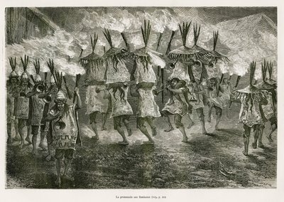 De fakkeltocht door de straten van San Jose, tekening door E. Riou, ter illustratie van de reis in de Titicaca-regio en de valleien van het oosten van Laag-Peru, in 1873 door Paul Marcoy. Gravure in 