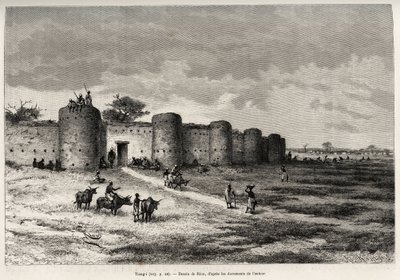 De stad Tiong-Gi (Tiong Gi, Mali), met zijn vestingwerken en kleitorens. Gravure door Riou, ter illustratie van het verhaal 