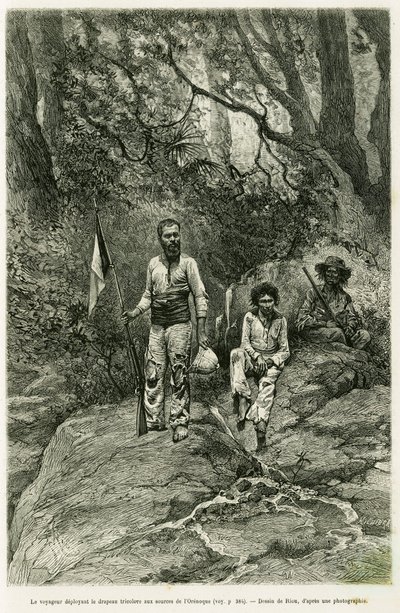 De reiziger die de driekleurige vlag ontplooit bij de bronnen van de Orinoco. Gravure door Riou, ter illustratie van het verhaal 