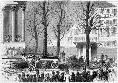 Transplantatie van bomen op Place de la Bourse in Parijs tijdens de winter van 1858. Gravure door Riou in 