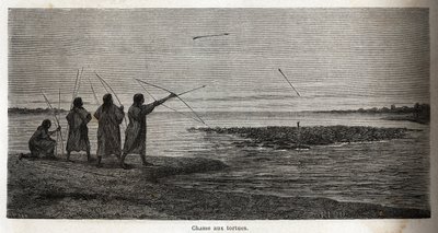 Schildpaddenjacht onder de Conibo-indianen van Peru. Illustratie van de reis van 1848 tot 1860 van P. Marcoy van de Stille Oceaan naar de Atlantische Oceaan. Gravure in 