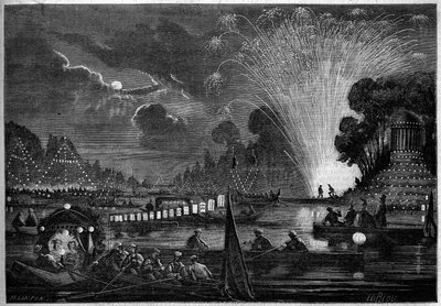 Venetiaans feest in Neuilly ten behoeve van de armen in 1858. Gravure door Riou in 