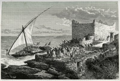 Met de mest van reizigers die de haven van Moguedouchou (Mogadishu) binnenkomen, maken zeelieden een enorm kabaal om de mensen aan te trekken die hen met enthousiaste kreten verwelkomen. Gravure door Riou, ter illustratie van het verhaal 