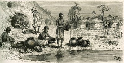 Vrouwen in het dorp Koumakhana wassen goud, op de achtergrond zoeken mannen goud in ondergrondse galerijen. Gravure door Riou, ter illustratie van het verhaal 