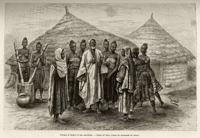Vrouwen van Samory Toure (circa 1835-1898) oorlogshoofd van de Niger-bocht en hun toezichthouder, Sonninke, die Arabisch kan lezen en schrijven, zoals blijkt uit het papier dat hij in zijn hand houdt. Gravure door Riou, ter illustratie van het verhaal 