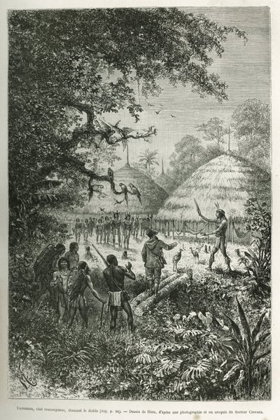 Yacouman, Roucouyenne hoofd, stam van Guyana aan de oevers van de Oyapock, die de duivel verjaagt, hij loopt door het dorp na de geboorte van een kind, besprenkelt een melkachtige witte vloeistof met een verenborstel, gravure naar een tekening van Riou, il door Edouard Riou