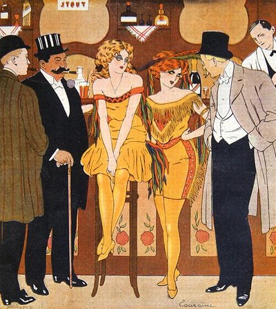 Karikatuur van prostituees met hun klanten, uit 