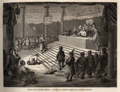 Een Chinese rechtbank, de beschuldigde verschijnt voor de rechtbank omringd door een gendarme die hem geketend houdt en zijn beul. Illustratie van de reis van Shanghai naar Moskou van 1859 tot 1862 van M. de Bourboulon, Frans minister in China door Edouard Vaumort