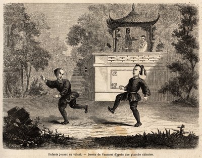 Chinese kinderen spelen met het wiel onder toezicht van hun moeder. Illustratie van de reis van Shanghai naar Moskou van 1859 tot 1862 van M. de Bourboulon, Frans minister in China door Edouard Vaumort