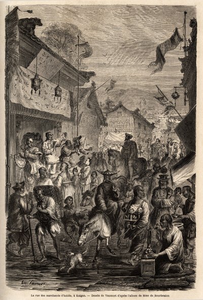De straat van kledinghandelaren, Kalgan, Mongolië. Tekening door Vaumort (? -1886), ter illustratie van de reis van Shanghai naar Moskou, van 1859 tot 1862, van M. de Bourboulon, Franse minister in China. Gravure in 