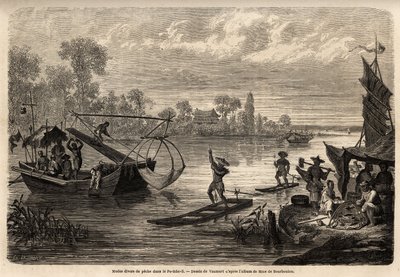 De verschillende methoden van vissen in de rivieren van de provincie Pet Tche Li (vuurvissen, drietandvissen, visvissen, schaakvissen en oevervissen) worden beschreven door Edouard Vaumort