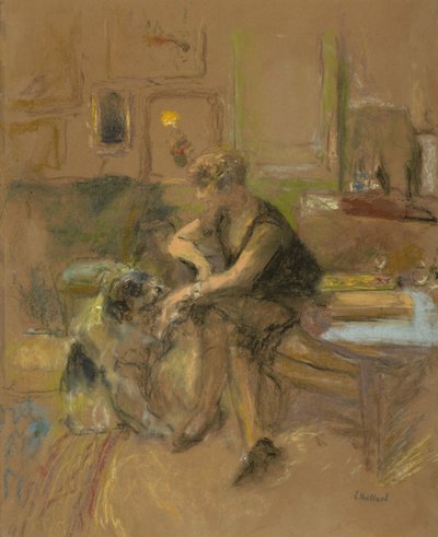 Gabrielle Jonas speelt met een hond, 1927 door Edouard Vuillard