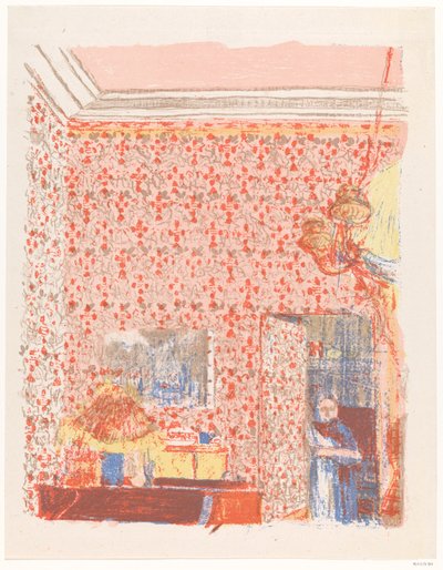 Interieur met roze wandtapijten I door Edouard Vuillard