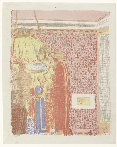 Interieur met roze behang en lamp door Edouard Vuillard