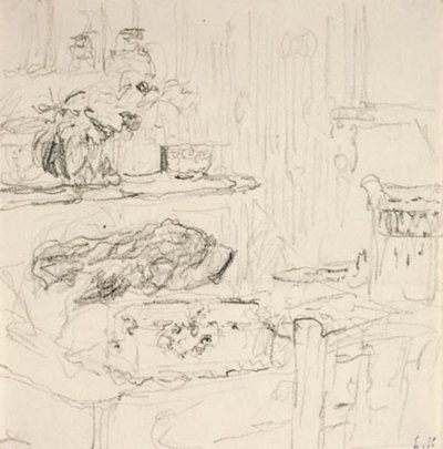 Interieur met vierkante tafel door Edouard Vuillard