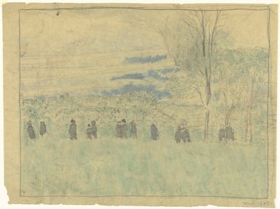 Landschap met wandelaars: begrafenisoptocht (?) door Edouard Vuillard