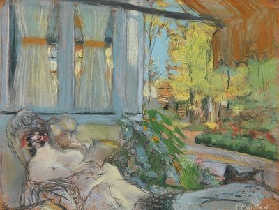 Madame Hessel lezend op het terras (Madame Hessel lisant sur la terrasse du clos Cézanne). Om 1920-25 door Edouard Vuillard