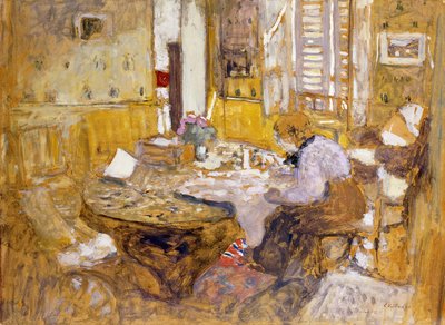 Madame Vuillard leest in de eetkamer, rue Truffant door Edouard Vuillard