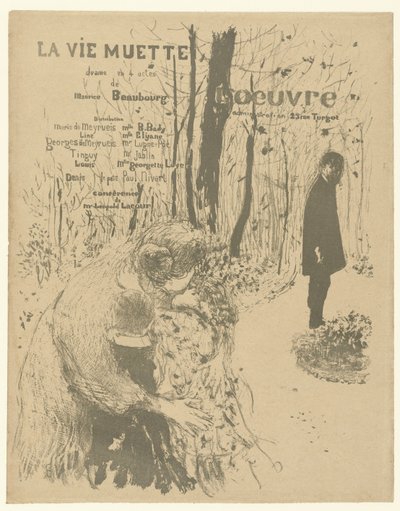 Omslag voor programmaboekje met vrouw met twee kinderen en man in park voor toneelstuk La vie muette door Edouard Vuillard