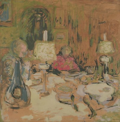 Het diner met twee lampen, rue de Calais, 1913 door Edouard Vuillard