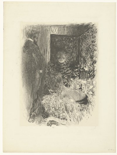 Twee vrouwen en man in verlicht interieur door Edouard Vuillard