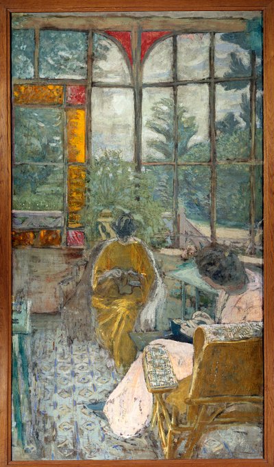 Twee vrouwen borduren onder een veranda. Lucie Hessel en actrice Marthe Mellot door Edouard Vuillard
