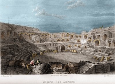Les arenes de Nimes, Gard, Languedoc-Roussillon, Frankrijk. Gravure door Willmann in 