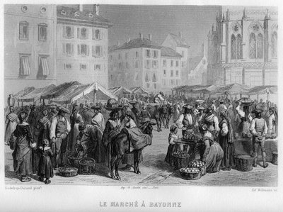 Markt in Bayonne, Pyrénées-Atlantiques, Aquitaine, Frankrijk. Gravure door Willmann in 