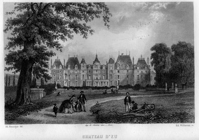 Uitzicht op het kasteel van Eu, Seine-Maritime, Haute-Normandië, Frankrijk. Gravure door Willmann in 
