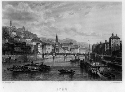 Uitzicht op de stad Lyon, departement Rhone, regio Rhone-Alpes, Frankrijk. Gravure door Willmann in 