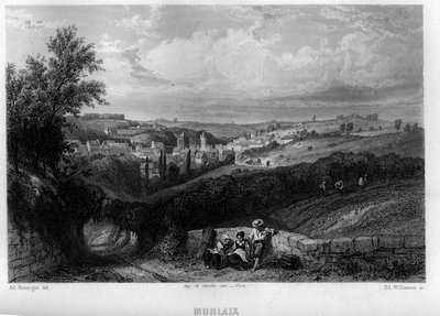 Zicht op de stad Morlaix, Finistère, Bretagne, Frankrijk. Gravure door Willmann in 