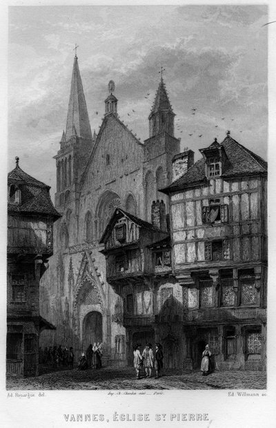 Uitzicht op de stad Vannes en de Kerk van Saint Pierre, Morbihan, Bretagne, Frankrijk. Gravure door Willmann in 