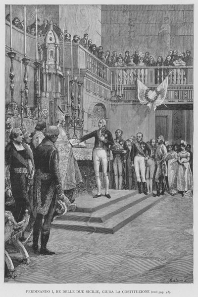 Ferdinando I, Koning van de Twee Siciliën, zweert de Grondwet door Edouardo Matania