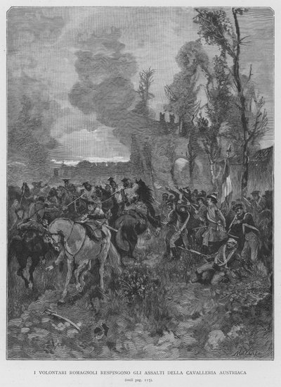 De Romagna Vrijwilligers Verdrijven de Aanvallen van de Oostenrijkse Cavalerie (gravure) door Edouardo Matania