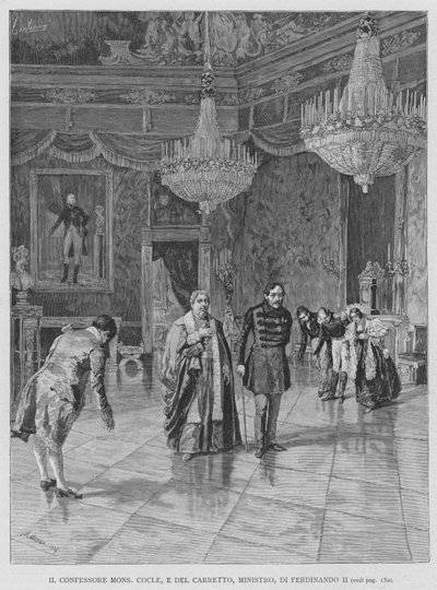 De Biechtvader Mons Cocle, en Del Carretto, Minister van Ferdinand II (gravure) door Edouardo Matania