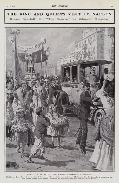 Koning Edward VII en Koningin Alexandra ontmoeten een religieuze processie op straat tijdens hun bezoek aan Napels, Italië door Edouardo Matania