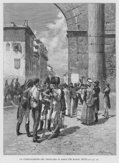 De Publicatie van het Proclama van Rimini, 30 Maart 1815 (gravure) door Edouardo Matania
