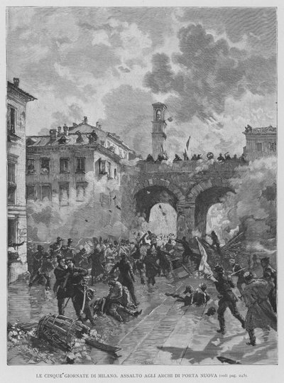 De Vijf Dagen van Milaan, Aanval op de Bogen van Porta Nuova (gravure) door Edouardo Matania