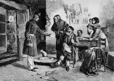 Roerende rijkdom, ambtenaar die gerechtelijk bevel aflevert aan kleermaker in ellende, Italië, gravure naar tekening door Edoardo Matania uit L