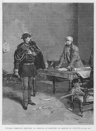 Vittorio Emanuele wijst het verzoek van Radetzky om het statuut af te schaffen af door Edouardo Matania