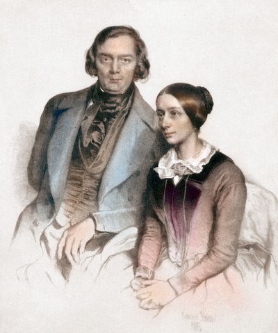 Robert en Clara Schumann (kleurengraving) door Eduard (after) Kaiser