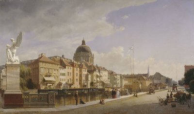 Duits: Ansicht der Rückfront der Häuser an der Schloßfreiheit Achteraanzicht van de huizen bij Schloßfreiheit door Eduard Gaertner