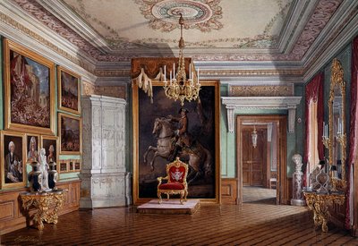 Zicht op de troonzaal van Paul I (1754-1801) in Gatchina, in het midden het portret van Peter I Aquarel van Eduard (Edward) Hau (1807-1870) 19e eeuw Sint-Petersburg, Hermitage Museum door Eduard Hau