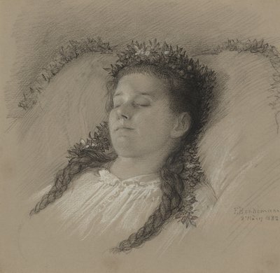 Een Meisje op Haar Sterfbed met een Bloemenkroon door Eduard Julius Friedrich Bendemann