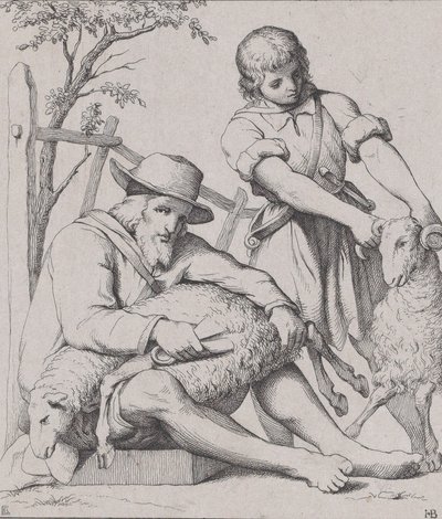 Twee Mannen die Schapen Scheren, ca. 1842 door Eduard Julius Friedrich Bendemann